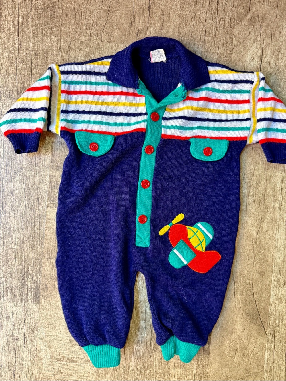 Vintage 90s Colorblock Striped Knit Baby Romper One Piece Airplane Patch